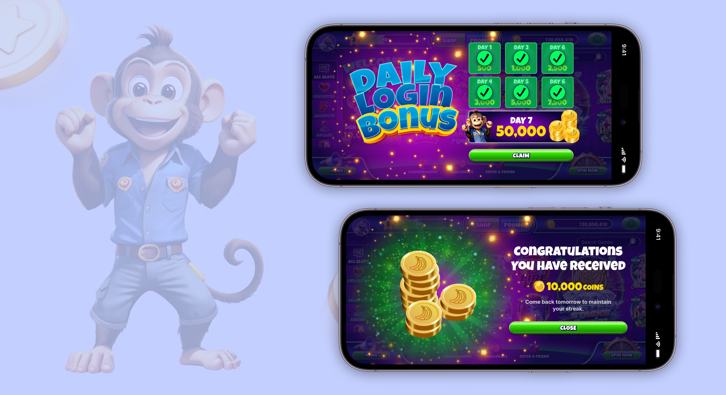 Daily login bonus popup and reward confirmation