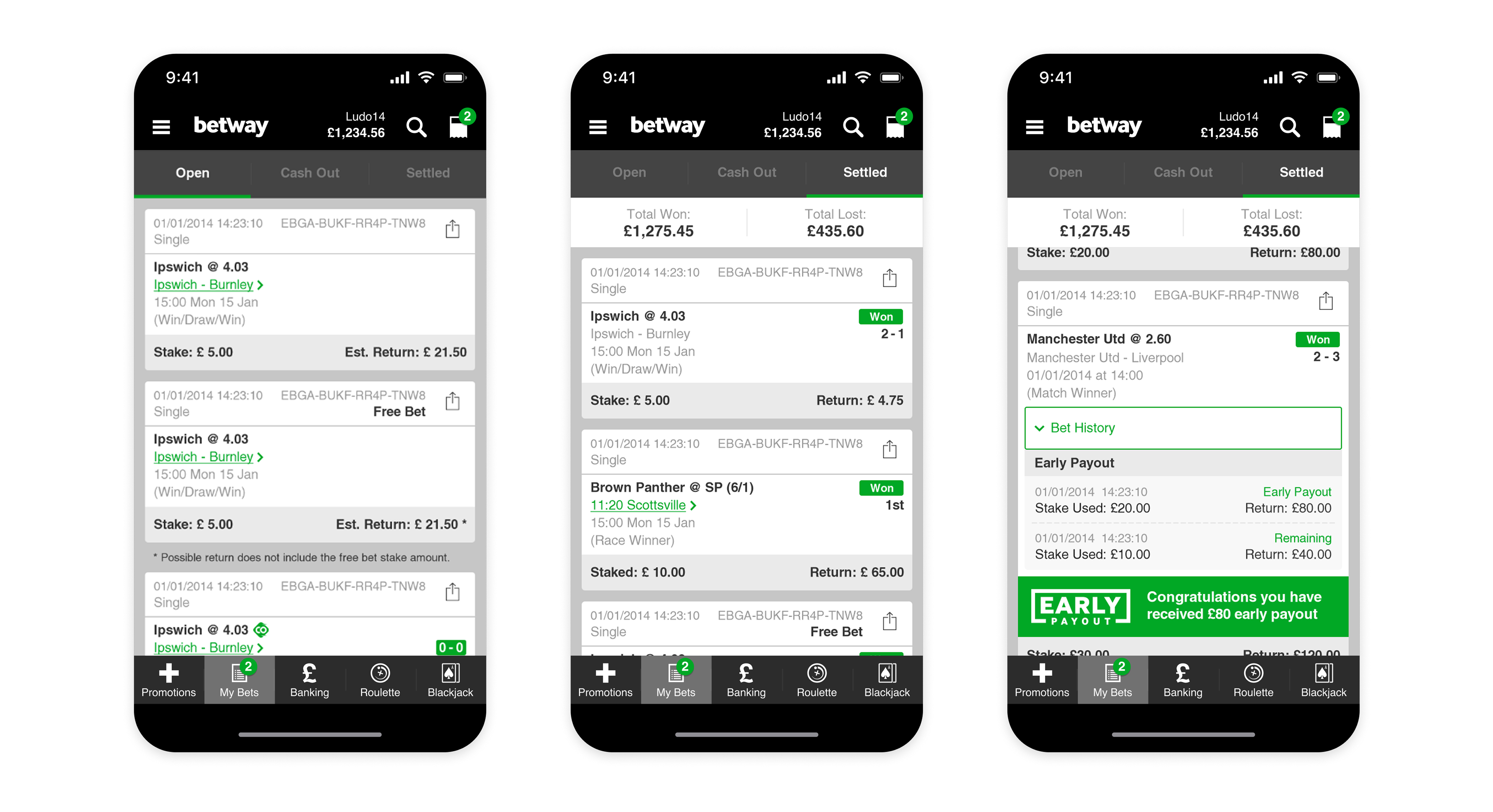Betway navigation and menu screen